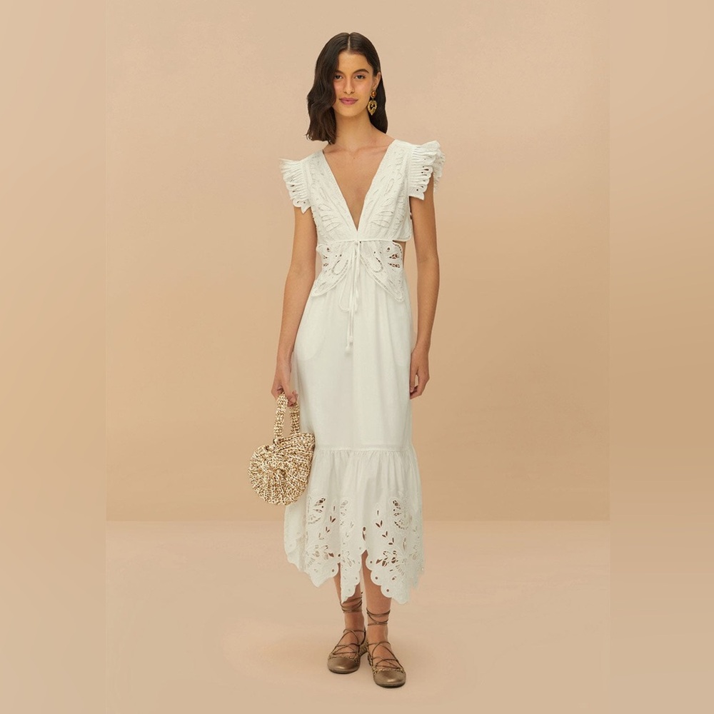FarmRio Off-White Butterfly Richelieu Midi Dress